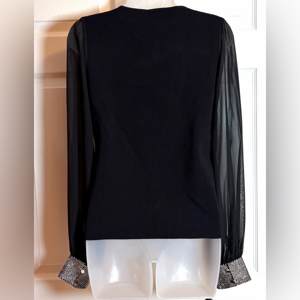 Karen Millen Sweater Black Embellished Chiffon Sleeves Rhinestones Black Medium - Picture 5 of 16